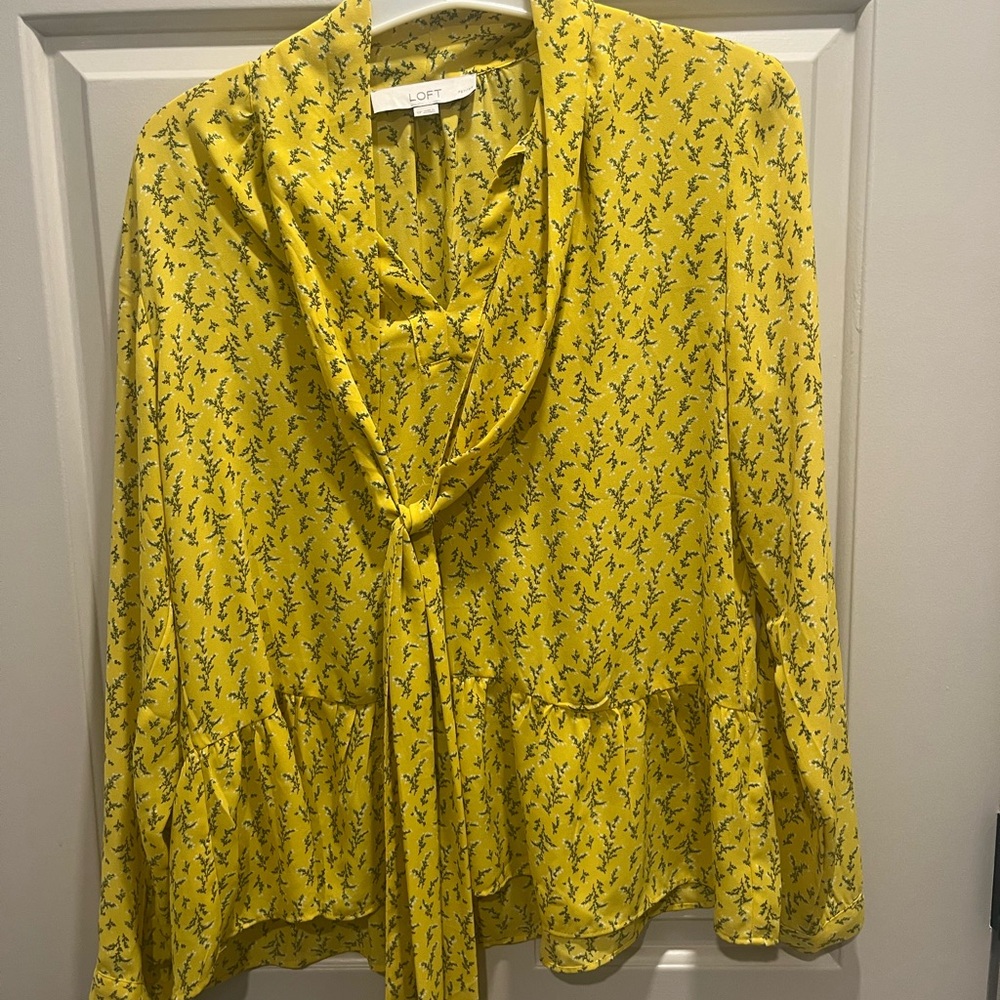 LOFT Yellow Patterned Blouse with Tie Neck